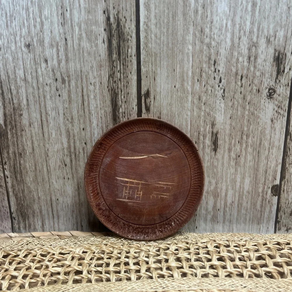 Vintage Coaster Set Asian Landscape Carved Wood Coasters w/ Holder Set of 8